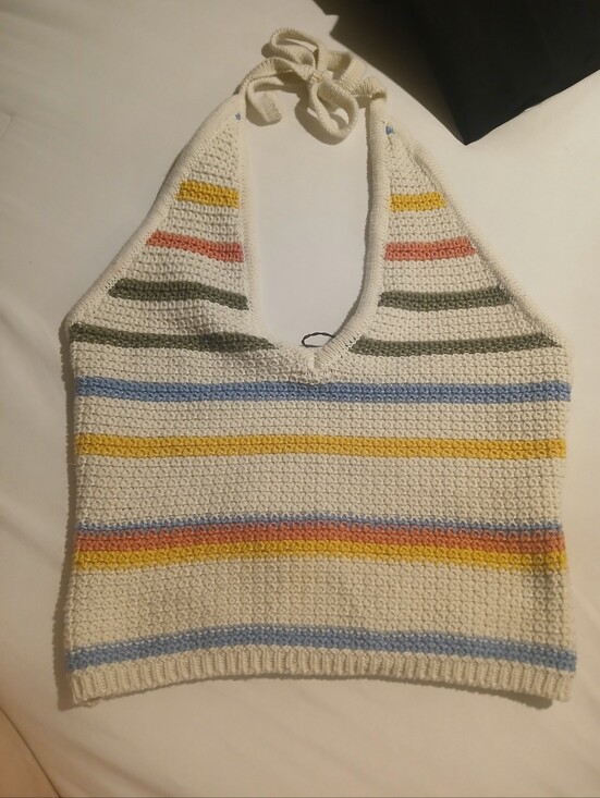 Zara Tops - Zara Cream Crochet Halter Top with Multicolor Stripes